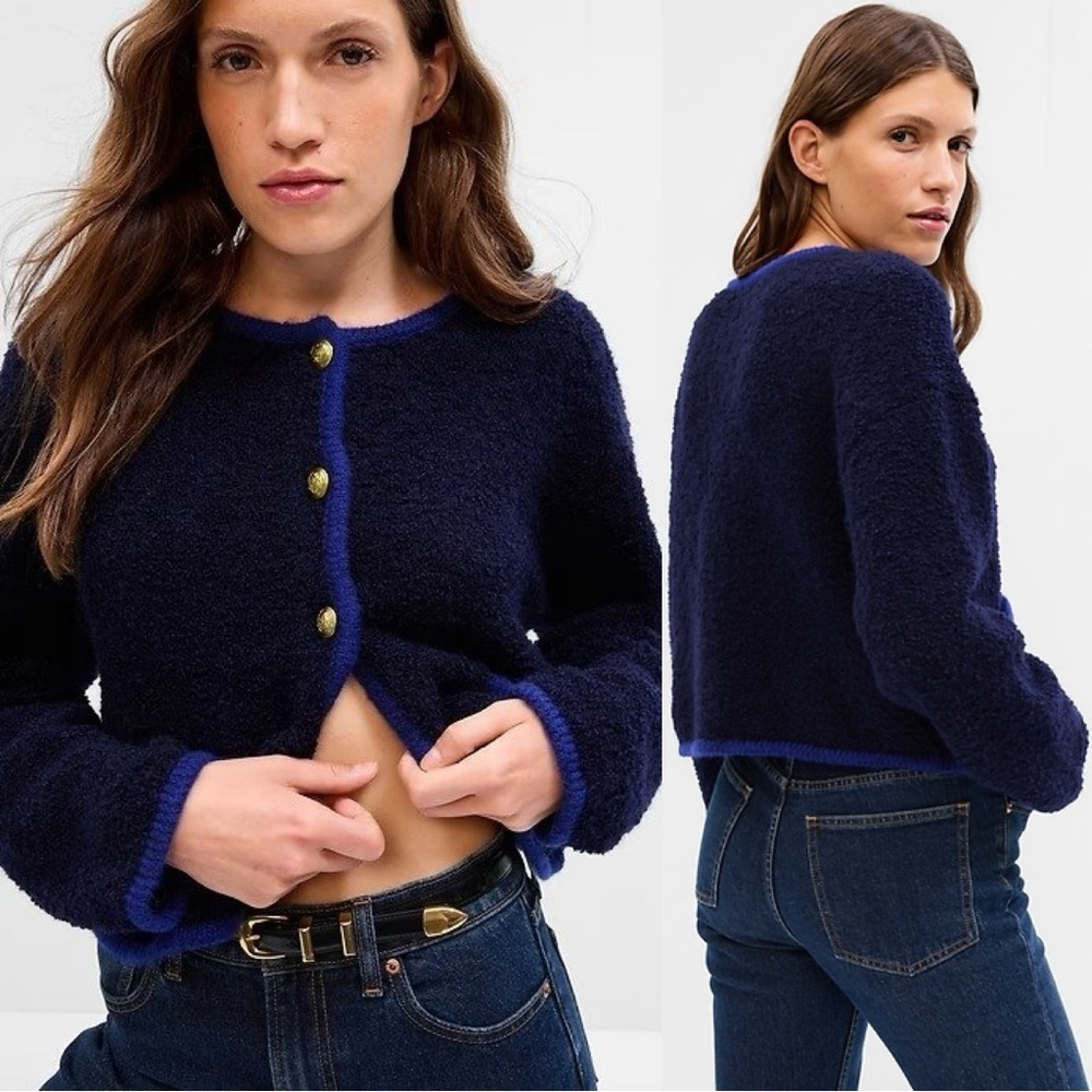 GAP Women’s Boucle Cropped Sweater Jacket Wool Alpaca Blend in Navy Combo S
